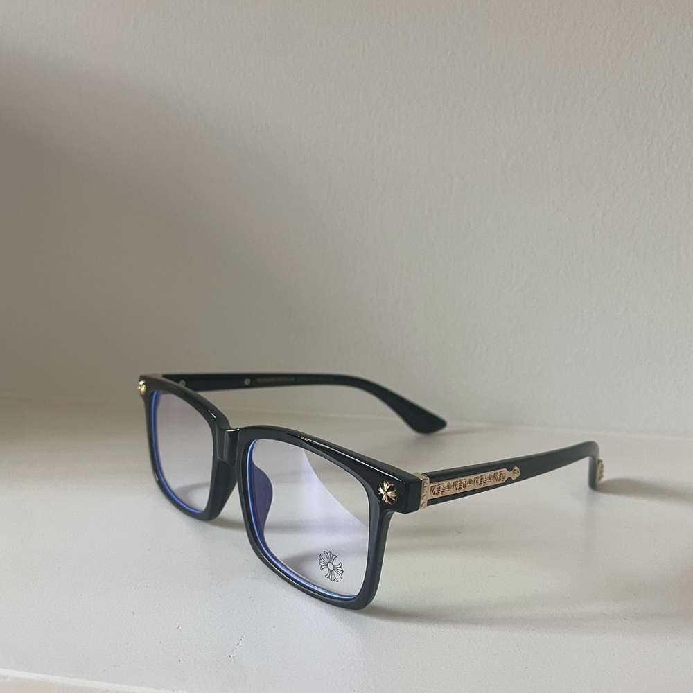 Y2K chrome cross style black and gold glasses
